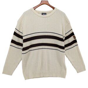 Southpole Ribbed Knit Sweater Mens Cream Brown Stripe Crew Neck Y2K Size XL